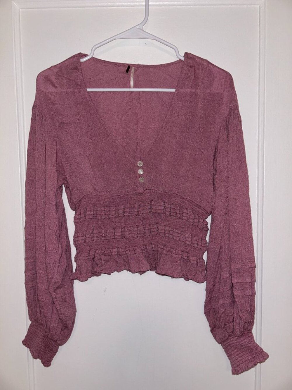 Free People Smocked Crop Top Boho Balloon Sleeve V-Neck Blouse